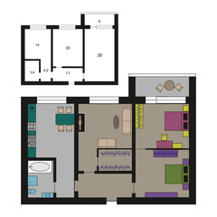 Detailed apartment furniture top view of a flat plan style