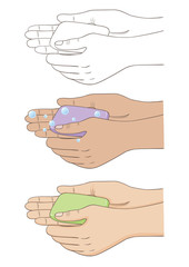 Vector illustration with hands and soap. Human wash hands