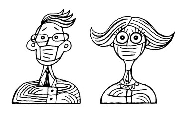 couple man woman medical mask doodle businessman businesswoman