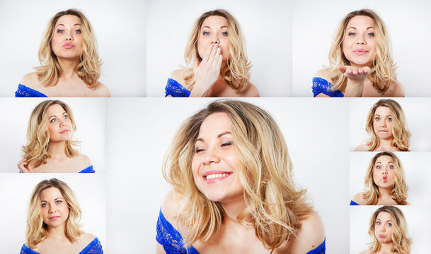 Collage. Portraits of a young smiling woman isolated on white. Different emotions of one pretty blond woman. Cute girl. 