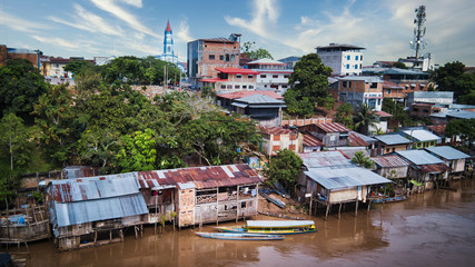 Aerial shot of Rio Huallaga and the town of Yurimaguas, situated in the Peruvian Amazon region in...