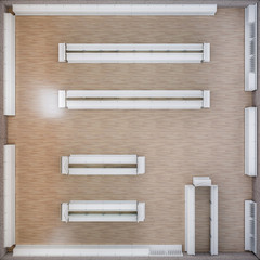 3D image top flat angle view of grocery shelves in premium supermarket interior on white isolated background