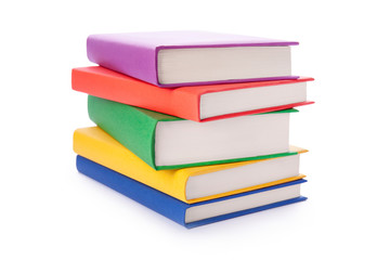 Stack of colorful books isolated on white background. Collection of different books. Hardback books...