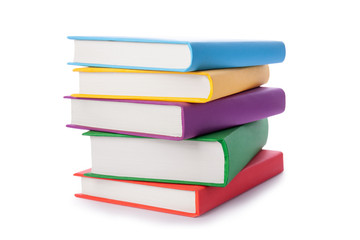 Stack of colorful books isolated on white background. Collection of different books. Hardback books...