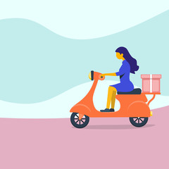 Fototapeta na wymiar Express city delivery on scooter. Fast shipment concept. Delivery service poster with female character. Vector illustration