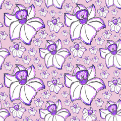 Obraz premium Seamless pattern of daffodil flowers. Color illustration, handmade. Botanical hand-drawn illustration.Design for packaging, weddings, fabrics, textiles, Wallpaper, website, postcards.