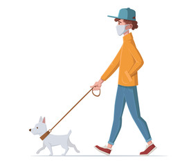 A young man in face mask is walking with dog. Vector illustration.