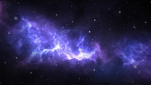 Abstract Nebula Space Travel Looped Background. Fly from universe burn to the earth near planets, Nebula Aquarius , stars and galaxy