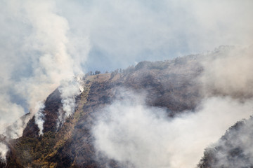fire in mountain forest. aerial view forest fire and smoke on slopes hills. wild fire in mountains in tropical forest, Java Indonesia. natural disaster fire in Southeast Asia
