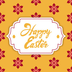 Happy Easter greeting card. Creative card with red flowers on yellow background