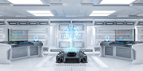 Futuristic Sci-Fi Research room Interior with Hologram Machine Displaying Coronavirus or Covid-19, 3D Rendering © G3D Studio