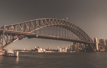 Sepia view on Sydney Harbor bridge and opera house