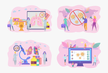 Set of illustrations. The concept of diagnosis and treatment of coronavirus COVID-2019. Doctors diagnose the deadly type of 2019 nKoV virus. Little scientists study the virus. Colorful vector