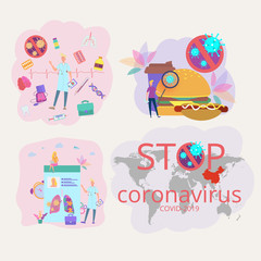 Set of illustrations. The concept of diagnosis and treatment of coronavirus COVID-2019. Doctors diagnose the deadly type of 2019 nKoV virus. Little scientists study the virus. Colorful vector