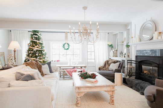 Living Room With Christmas Tree And Decorations