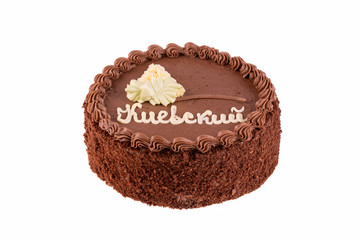 Kiev cake with chocolate cream on white background