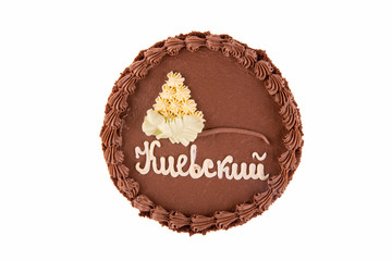 Kiev cake with chocolate cream on white background