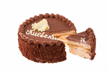 Cut Kiev cake on white background