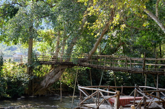 Beautiful view of a bamboo bridge in the countryside of Laos