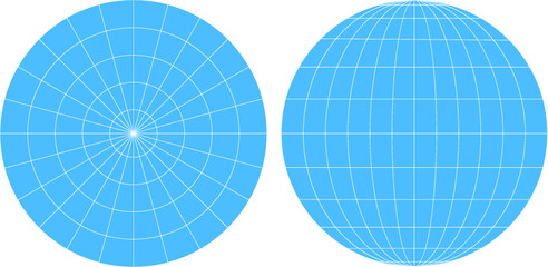 Planet earth viewed from the pole and frontal view. Grid of meridians and parallels / latitude and longitude. 3D vector illustrations