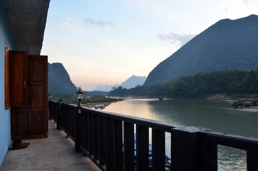 Muang Ngoy, Laos, January 15th 2016: stunning view from the guesthous of the River and the Mountains