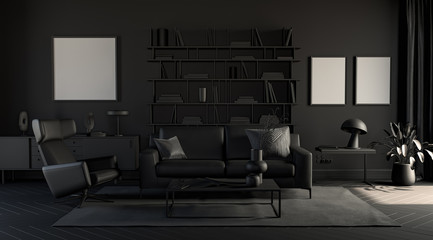 Dark room with picture frames in plain monochrome gray tones with sofa,chair,bookshelf on a carpet. Black background. 3D rendering