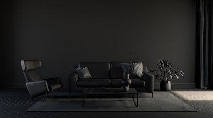 Dark room, poster background with empty wall, sofa, chair, plant, carpet and curtain in  monochrome black color, 3d rendering © markOfshell