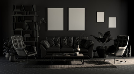 Dark room with picture frames in plain monochrome gray tones with sofa,chair,plant on a carpet. Black background. 3D rendering