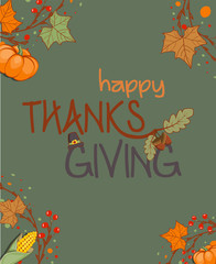 Thanksgiving Card with Autumn Leaves, Pumpkin, Corn and Other Ornaments