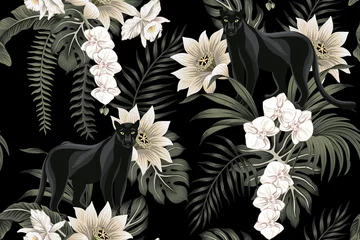Deurstickers Orchidee Tropische vintage zwarte panter dier, witte lotusbloem, witte orchidee, palmbladeren naadloze bloemmotief zwarte achtergrond. Exotisch junglebehang.