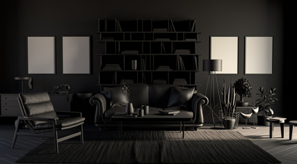Dark room with picture frames in plain monochrome black color with sofa,chair,bookshelf on a carpet. Black background. 3D rendering