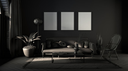 Dark room with picture frames in plain monochrome black color with sofa,chair,bookshelf on a carpet. Black background. 3D rendering