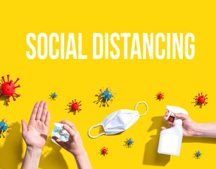 Social Distancing theme with hygiene and viral objects