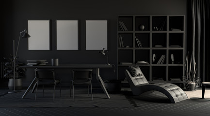 Dark office in plain monochrome black color with working table, bookshelf plants and floor lamp on a carpet. Dark background. 3D rendering