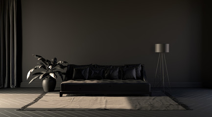 Dark room in plain grey tones with sofa,chair,plant  and floor lamp wth empty wall on a carpet. Black background. 3D rendering
