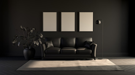 3 poster frames in a Dim Dark room with sofa,plant and floor lamp on a carpet. Black background. 3D rendering