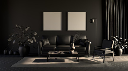 2 big square empty frames in a dark gloomy room in plain monochrome gray tones with sofa,chair,plant on a carpet. Black background. 3D rendering