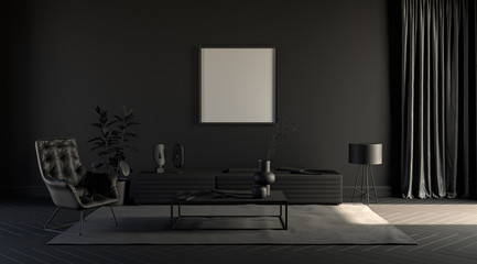 Dark room in plain monochrome gray tones with tv set,chair,plants  and floor lamp on a carpet. Black background. 3D rendering