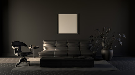 Dark room in solid black tones with sofa,chair,plant on a carpet. Black background. 3D rendering