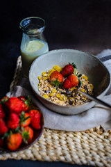 Healthy breakfast concept with oatmeal and strawberry