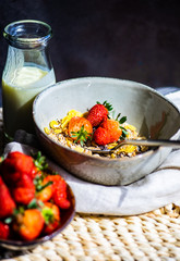 Healthy breakfast concept with oatmeal and strawberry