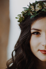portrait of pretty brunette, woman with wedding makeup, stylish photo