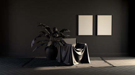 Plain monochrome dark color room with single chair covered by a cloth and a frame. dark background with copy space. 3D rendering