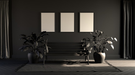 3 poster frames and a single park bench in dark room with plants on a carpet. Black background with copy space. 3D rendering