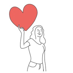 Girl holding red heart. Help concepts. Hand drawn vector illustration.