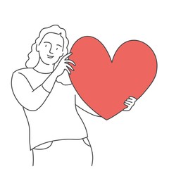 Woman holding red heart. Help concepts. Hand drawn vector illustration.