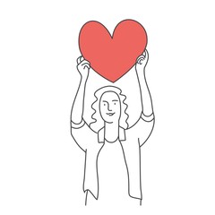 Girl holding red heart over head. Help concepts. Hand drawn vector illustration.
