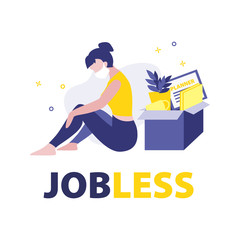 Vector illustration of fired woman in mask with box with her work stuff such as plant, planner, cup and documents. Jobless problem, lose job cause coronavirus. Uneployment person on quarantine.