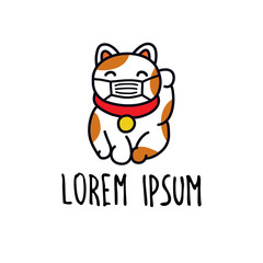 maneki neko in a protective mask doodle icon, vector illustration