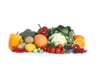 Fototapeta na wymiar Fresh products rich in vitamin C on white background